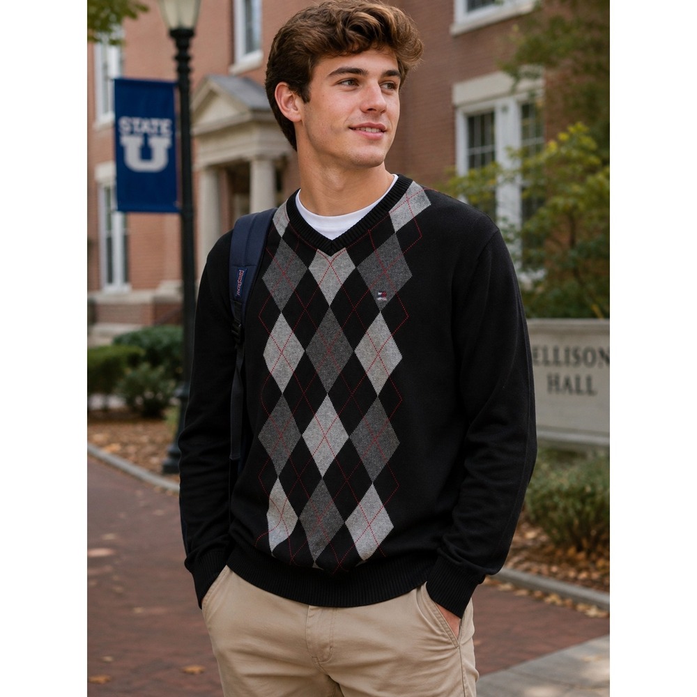 Tommy Hilfiger Mens Argyle V-Neck Sweater Black Gray Preppy Ivy League Size M